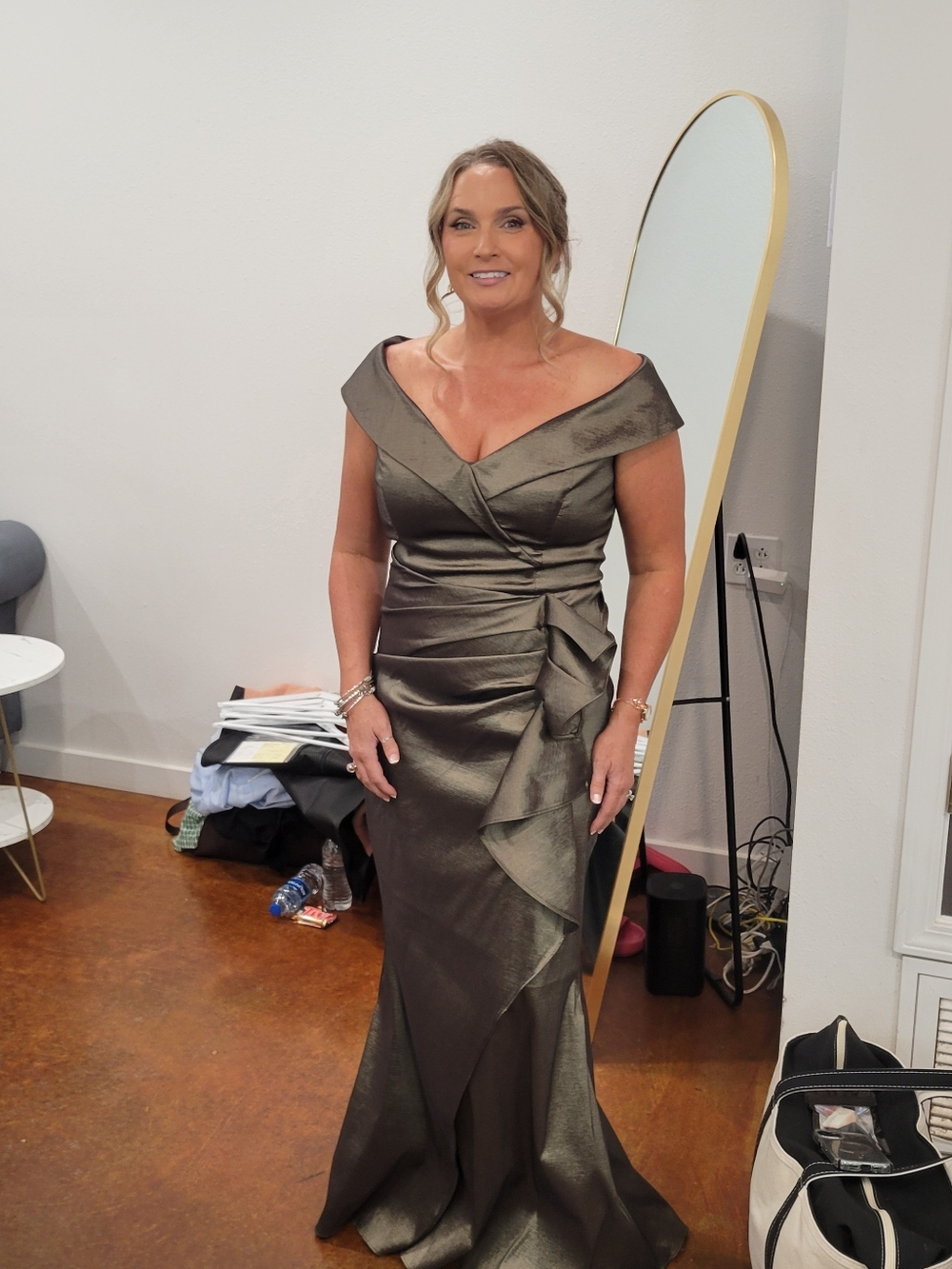 Ruched Satin-Style Maxi Dress in Olive Green Like New